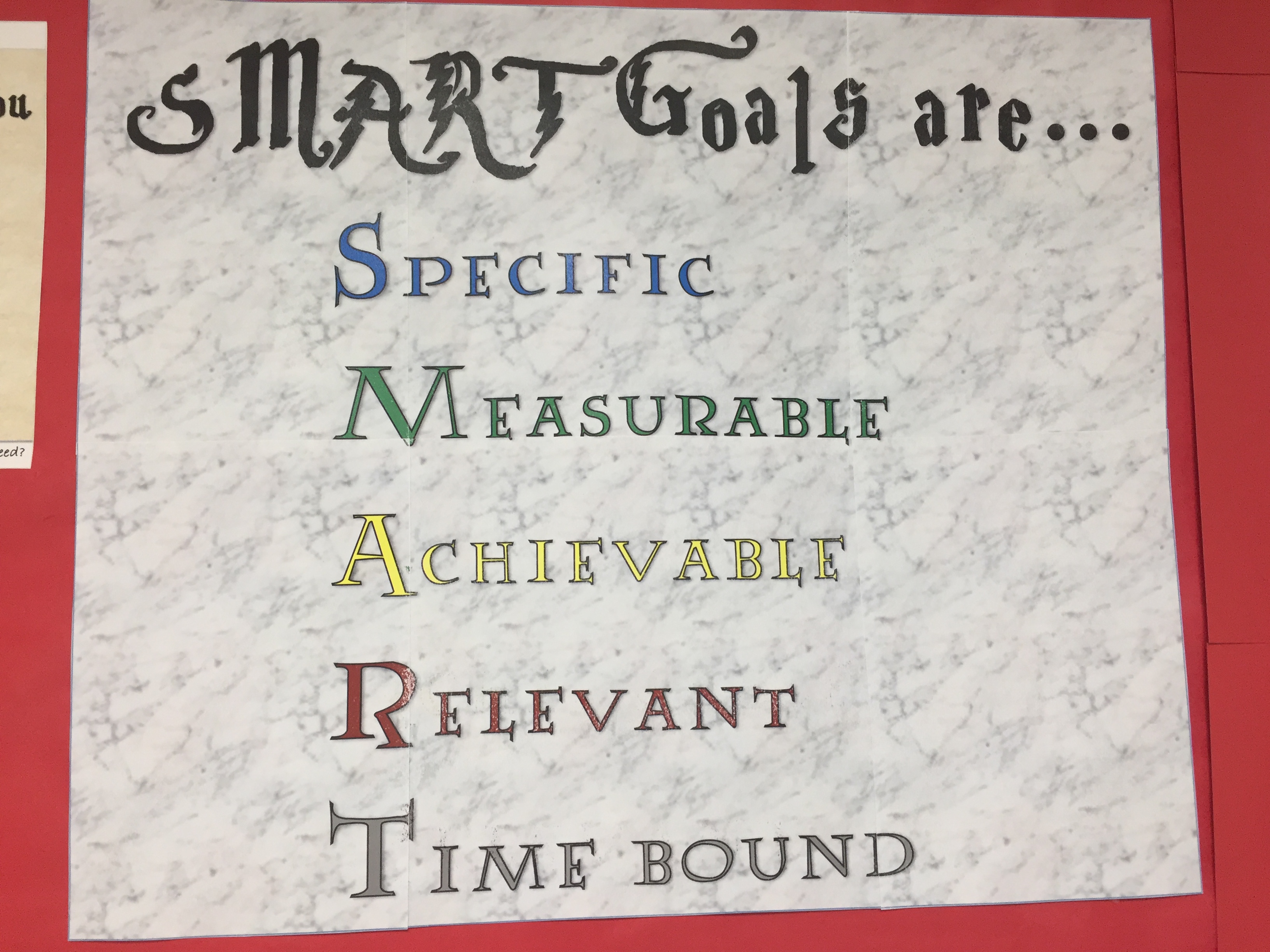 SMART goals for students (bulletin board decor & class activity)